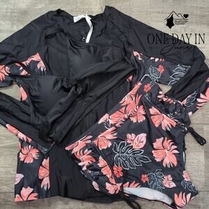 Jasambac Rashguard Twist Front High Waist 3 Piece Bikini Swimsuit Size M